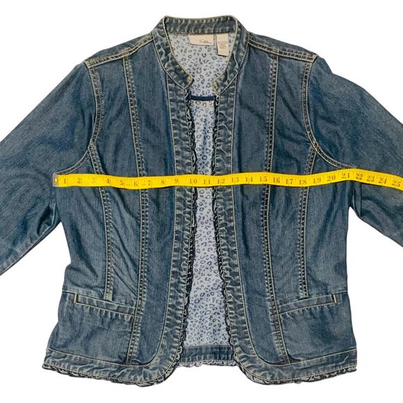 CHICO's PLATINUM Jean Jacket Size 2 ( Size L / 12 ) Ruffle Detail Band Collar - Picture 3 of 7